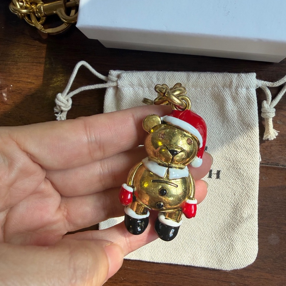 Coach Gold Teddy Bear Keychain with Red, White & Black Accents